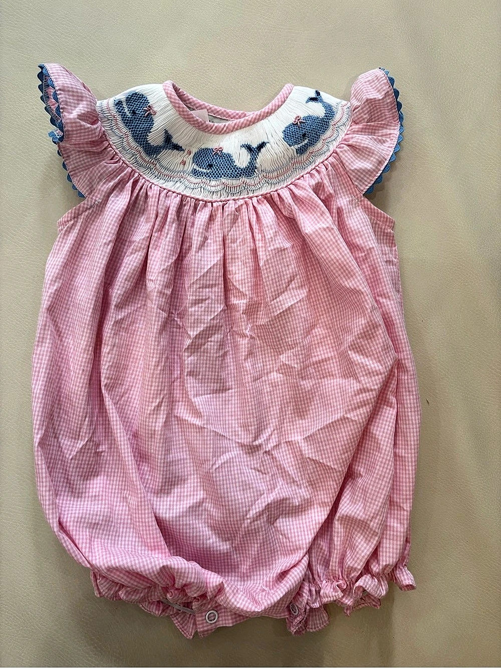 Marco & Lizzy Pink Gingham Whale Embroidery Baby 12M Romper
